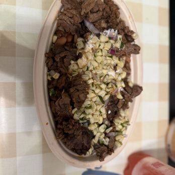 Baqba Mexican Grill - Steak bowl, white rice, pinto beans, corn, sour cream and red salsa. - New Mexican Cuisine Near Me - Pomona, California
