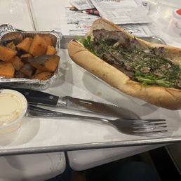 Chimichurri Skirt Steak Sandwich with smoked sweet potatoes