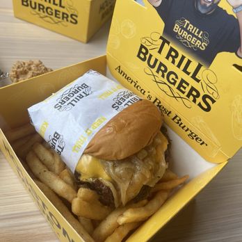 Trill Burger - Look at the cheese & onions on that burger - Burgers Near Me - Spring, Texas