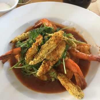 Memphis Cafe - BBQ shrimp & grits with fried okra - Southern Near Me - Costa Mesa, California