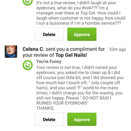 Harassment. She ruined my eyebrows, dropped hot wax on my cheek, and laughed about it. Harassment. She ruined my eyebrows, dropped hot wax on my cheek, and laughed about it.