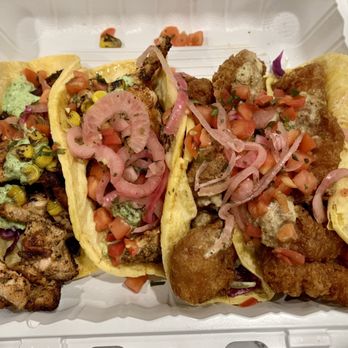 OC Fish Grill - (2) Grilled Salmon Taco and (2) Battered Shrimp Taco - Seafood Near Me - Irvine, California OC Fish Grill - (2) Grilled Salmon Taco and (2) Battered Shrimp Taco - Seafood Near Me - Irvine, California