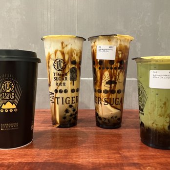 Tiger Sugar - 5. Black sugar boba & pudding milk with cream mousse (hot and 2 cold); 8. Matcha black sugar boba milk with cream mousse - Bubble Tea Near Me - Salt Lake City, Utah