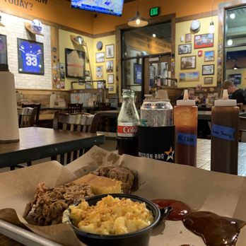 Mission BBQ - Pork and brisket with Mac and cheese - Barbeque Near Me - Evansville, Indiana Mission BBQ - Pork and brisket with Mac and cheese - Barbeque Near Me - Evansville, Indiana