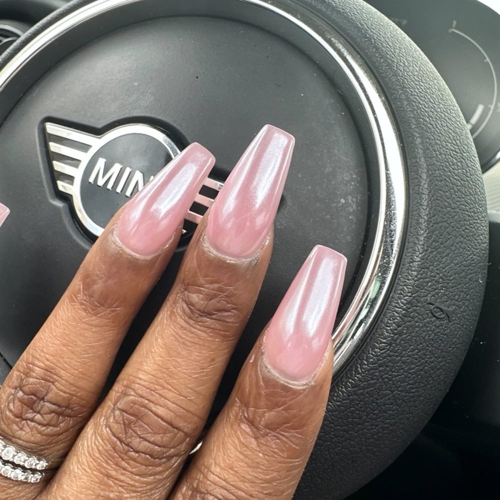 K-Tec Nails Bar - Nails: Coffin shaped, polished in Pink Blush with a chrome finish. - Waxing Near Me - Virginia Beach, Virginia K-Tec Nails Bar - Nails: Coffin shaped, polished in Pink Blush with a chrome finish. - Waxing Near Me - Virginia Beach, Virginia
