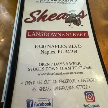 Shea's Lansdowne Streets - Front of menu - Sports Bars Near Me - Naples, Florida Shea's Lansdowne Streets - Front of menu - Sports Bars Near Me - Naples, Florida
