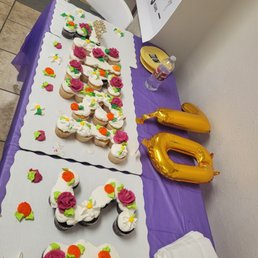 THERESE'S 70th - A table with cupcakes decorated with colorful flowers and a cake shaped as the number 70, celebrating Therese's 70th birthday, with balloons and party supplies nearby.