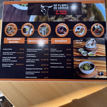 De Cabeza el Unico - Front side of menu - Mexican Near Me - Chula Vista, California