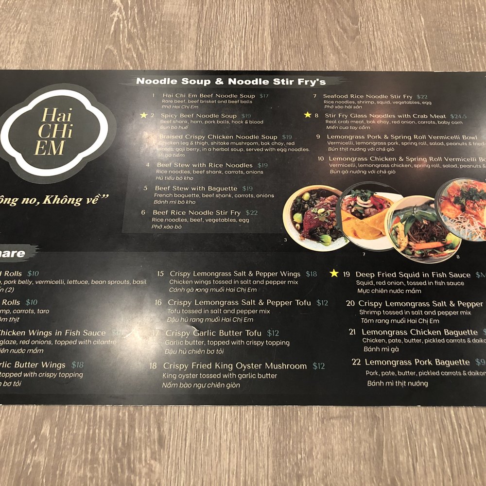 Hai Chi Em Modern Vietnamese Restaurant - Front of menu~ (May 2023) - Vietnamese Near Me - Vancouver, British Columbia Hai Chi Em Modern Vietnamese Restaurant - Front of menu~ (May 2023) - Vietnamese Near Me - Vancouver, British Columbia