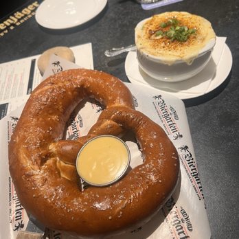 Biergarten at Old World - Pretzel  was 5 stars and with the beer cheese?'  omg!!   Also the French onion soup was so good! - German Near Me - Huntington Beach, California