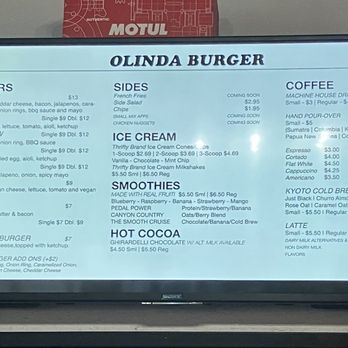 Olinda Burger - a menu on the wall - Burgers Near Me - Brea, California