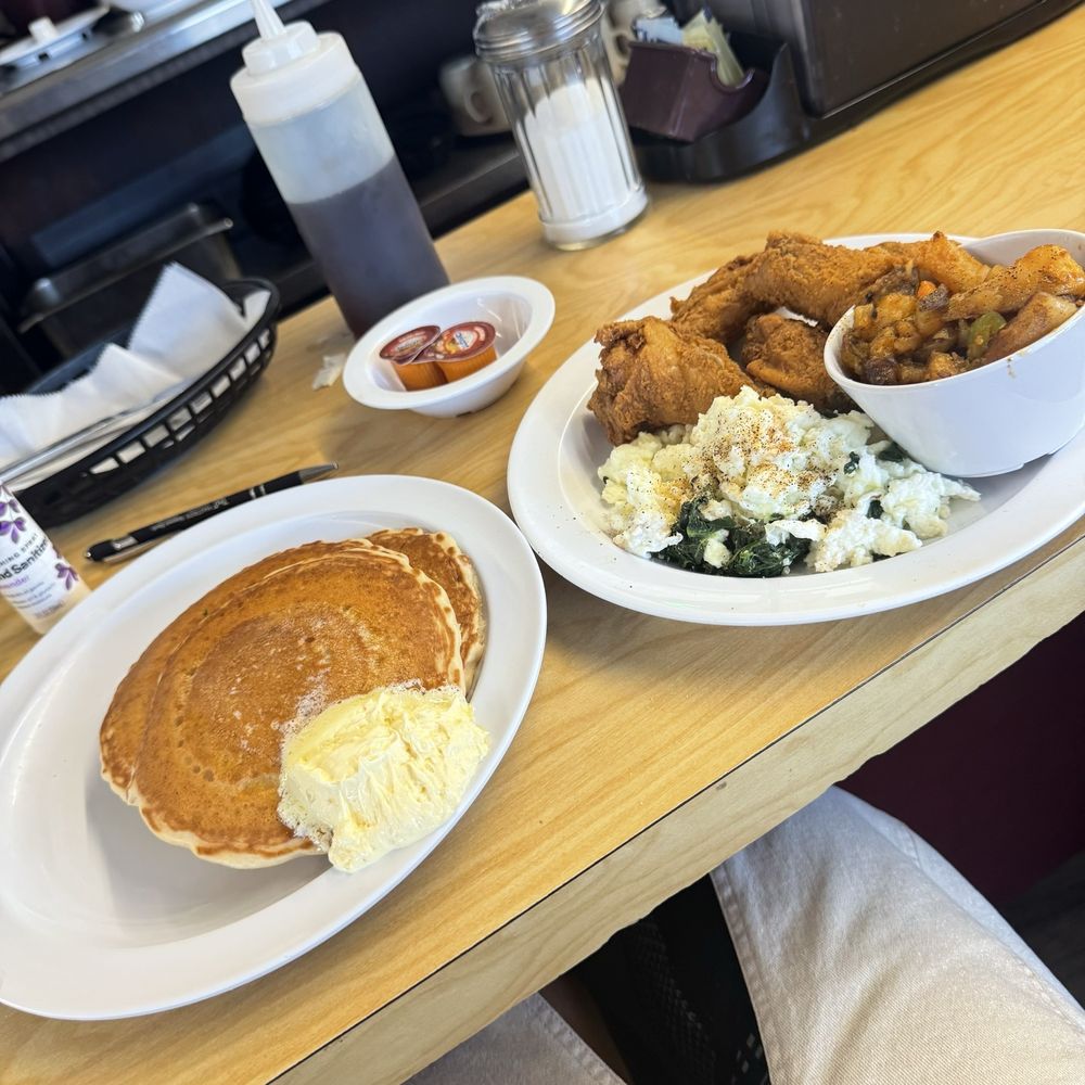 The Serving Spoon - Fried wings scrambled eggs with spinach pancakes. - Breakfast & Brunch Near Me - Inglewood, California