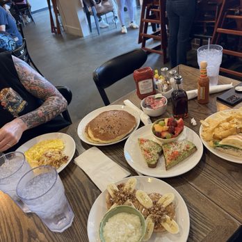 Red Oak Cafe - PB bagel, Turkey croissant , pancake with pecans. - Breakfast & Brunch Near Me - League City, Texas