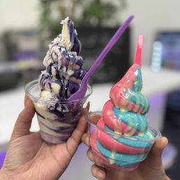 Ube swirl ice cream and blue vanilla/strawberry swirl with condensed milk!