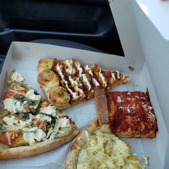 That Pizza Place - 4 vegan slices: upside down Sicilian, garlic knot, breaded eggplant, and white slice. - Pizza Near Me - Levittown, New York