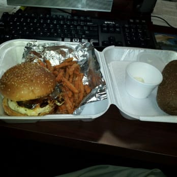 Outback Steakhouse - Yes, thats my takeout order back at my desk...BBQ Chicken burger and sweet potato fries - Steakhouses Near Me - Miami Lakes, Florida