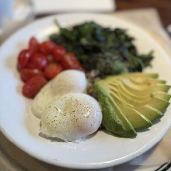 Mimi's Cafe - Savory bowl (2 poached eggs, cherry tomatoes, avocado, spinach, over quinoa) - French Near Me - Whittier, California