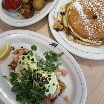 Fox And The Hen - Honey Smoked Salmon (Salmon Egg Benedict), Chocolate Chip Pancakes, Omelette - Breakfast & Brunch Near Me - Denver, Colorado Fox And The Hen - Honey Smoked Salmon (Salmon Egg Benedict), Chocolate Chip Pancakes, Omelette - Breakfast & Brunch Near Me - Denver, Colorado