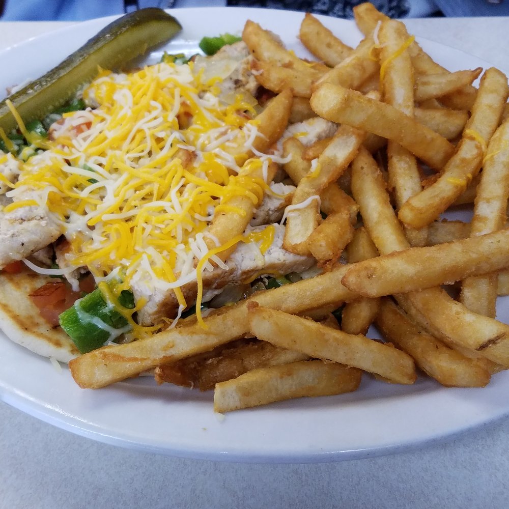 Flap-Jacks Restaurant - Chicken Fajita on Pita with fries - New American Near Me - Brownsburg, Indiana