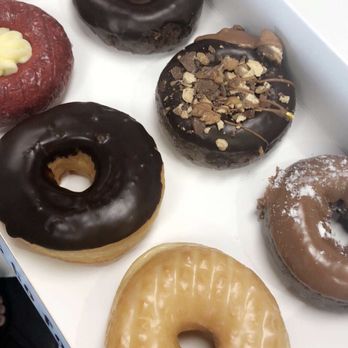 Jupiter Donuts Boynton - 6 donuts - red velvet cream cheese, chocolate glazed, regular glazed, Twix, chocolate covered on chocolate, and dulce de Leche donut - Donuts Near Me - Boynton Beach, Florida Jupiter Donuts Boynton - 6 donuts - red velvet cream cheese, chocolate glazed, regular glazed, Twix, chocolate covered on chocolate, and dulce de Leche donut - Donuts Near Me - Boynton Beach, Florida