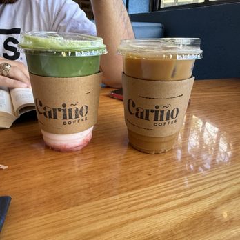 Carino Cafe - Strawberry matcha (left) and honey lavender latter (right) - Coffee & Tea Near Me - Houston, Texas Carino Cafe - Strawberry matcha (left) and honey lavender latter (right) - Coffee & Tea Near Me - Houston, Texas