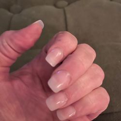 Super Nail - Acrylic with pink powder and gel finish with clear coat.