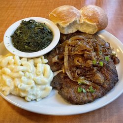 Luby's - Liver and onions with macaroni and cheese, spinach, and dinner rolls