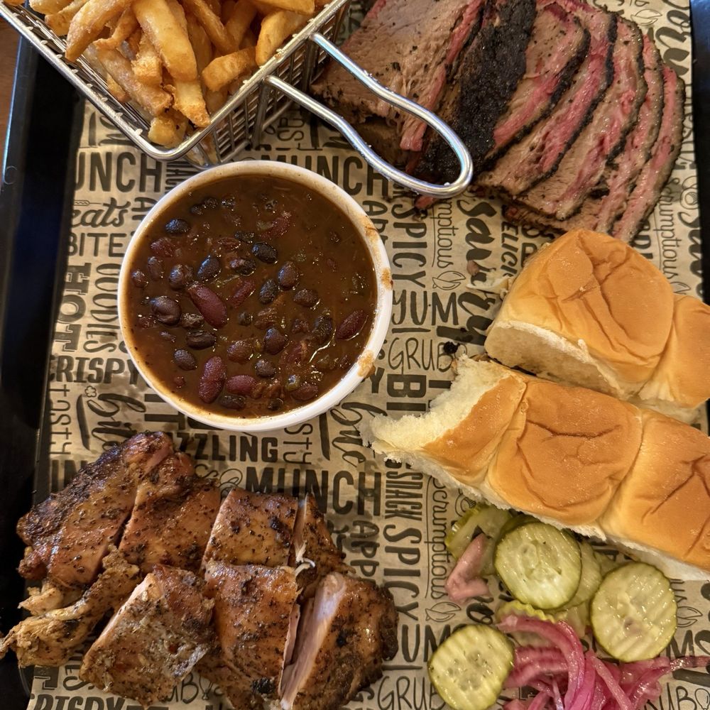 Cornerstone BBQ - Trinity platter- we subbed out the pork.  Brisket Chicken Beans Fries  Rolls - Barbeque Near Me - Beaumont, California