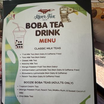 River Fox Train - Menu of Boba drinks expected to try out - Tours Near Me - West Sacramento, California River Fox Train - Menu of Boba drinks expected to try out - Tours Near Me - West Sacramento, California