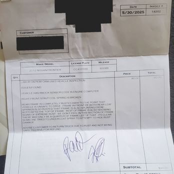 Lynnes Nissan City - Invoice from mechanic stating vehicle is unsafe to drive. - Auto Repair Near Me - Bloomfield, New Jersey