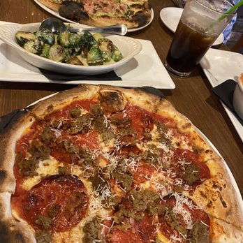 Fat Olives - Miss Piggy and Carnivore pizzas with Brussels sprouts appetizer - Pizza Near Me - Flagstaff, Arizona