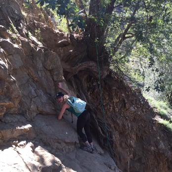 Three Sisters Falls - Scaling down rope by tree!  Oh such fun coming back up - Hiking Near Me - Julian, California