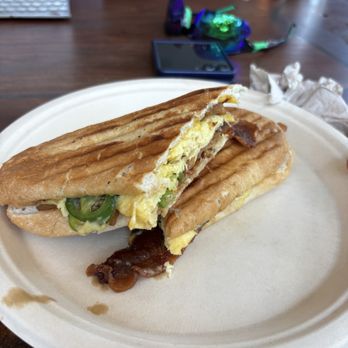 Bongos Botanical Beer Garden - Pressed Breakfast Sammie with Jalapeño - Caribbean Near Me - Marathon, Florida Bongos Botanical Beer Garden - Pressed Breakfast Sammie with Jalapeño - Caribbean Near Me - Marathon, Florida