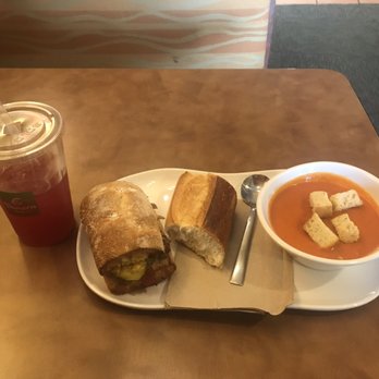 Panera Bread - Pick 2: Creamy Tomato Soup and Cuban Sandwich with baguettes.  Prickly Pear Hibiscus Refresher. - Sandwiches Near Me - Hanford, California
