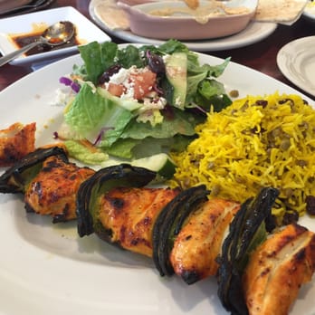 Pom & Olive - Juicy chicken kabob with Basmati rice with lentils and raisins. So tasty! - Mediterranean Near Me - Costa Mesa, California