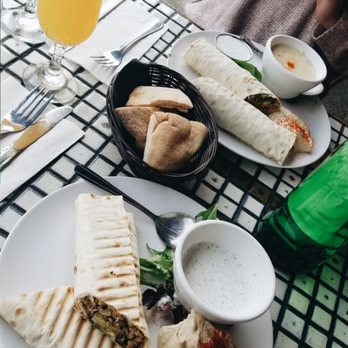 La Mediterranee - Chicken shwarma sandwich with the cold cucumber and yogurt soup and mimosas. - Mediterranean Near Me - Berkeley, California