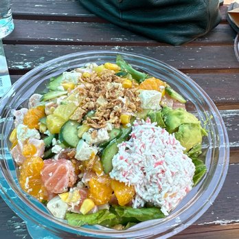 Pokeworks - Brown rice/ salad , torched tofu and salmon , pineapple, Orange, surimi salad, cucumber, crispy onions - Poke Near Me - Irvine, California Pokeworks - Brown rice/ salad , torched tofu and salmon , pineapple, Orange, surimi salad, cucumber, crispy onions - Poke Near Me - Irvine, California