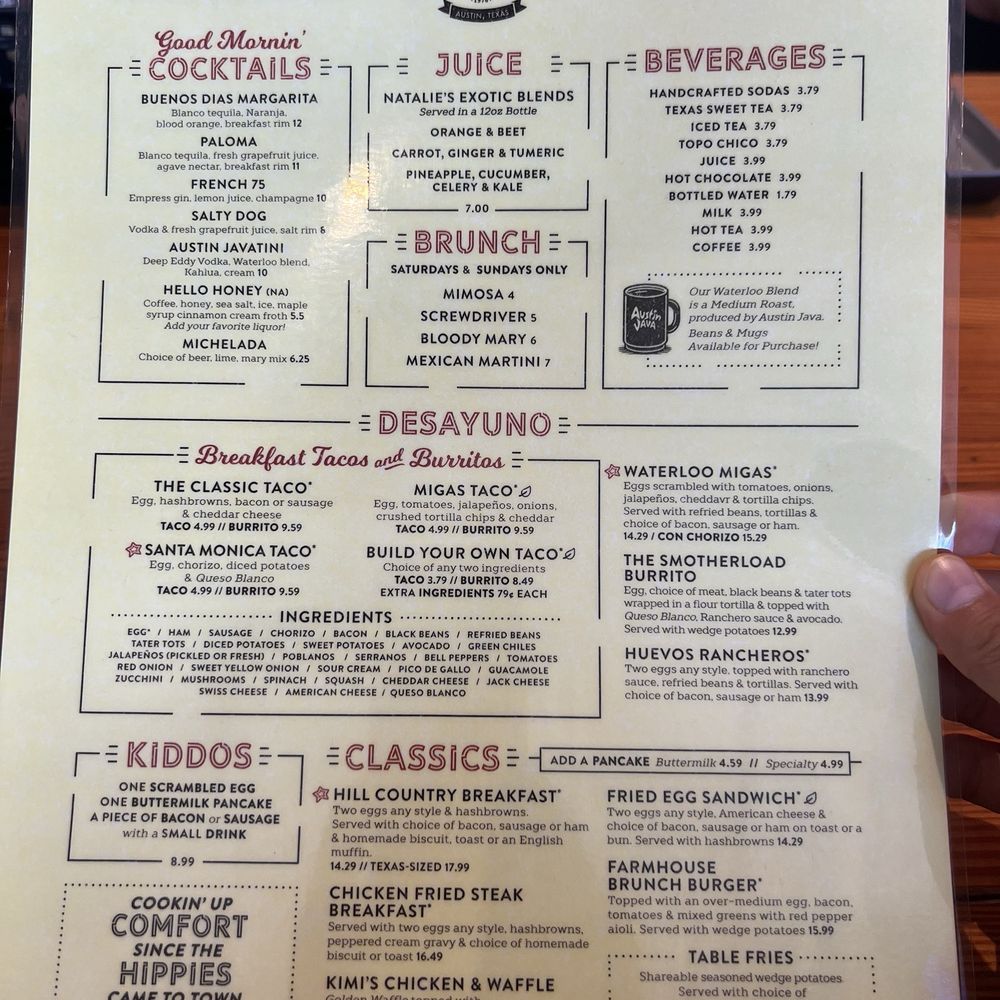 Waterloo Ice House Southpark Meadows - New brunch menu as of 7.1.25 - American Near Me - Austin, Texas
