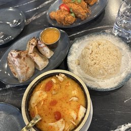 Chili Lime Wings, Ginger Rice, Tom Yum, Roti.