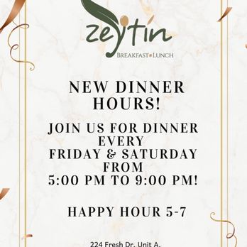 Zeytin - Dinner and happy hour hours for ZEYTIN - Mediterranean Near Me - Myrtle Beach, South Carolina