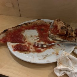 The remains of my very hard to eat pizza with a smattering of buffalo mozzarella.