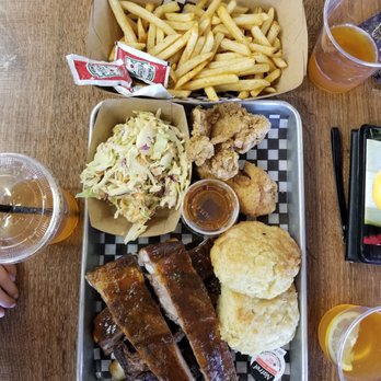 Re-Up BBQ - Bbq combo with ribs, fried chicken, warm biscuits and fries on the side along with their house made ice tea! - Barbeque Near Me - New Westminster, British Columbia