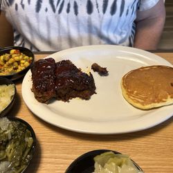 Rusty Spur Diner - Meatloaf special with turnip greens, cabbage, southwest corn mix, cornbread pancake