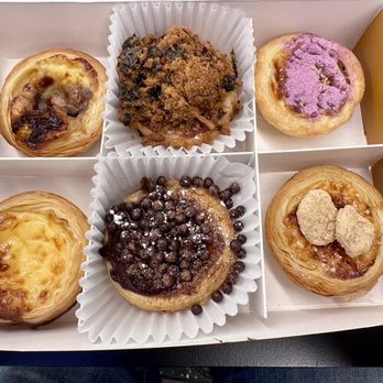 Na Tart - From too L to R: mystery? salty meat gloss, ube, original, choco boba, mochi - Desserts Near Me - Flushing, New York