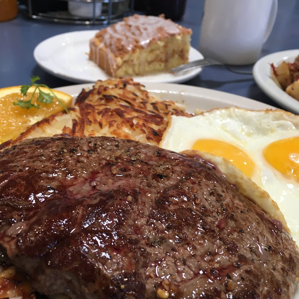 Beach Break Cafe - Steak and sunny side up eggs with hash browns and coffee cake! Yummy! - Breakfast & Brunch Near Me - Oceanside, California