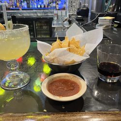 Cantina 70 Bar & Grill - Classic margarita, a single portion of chips & salsa and a shot of jager