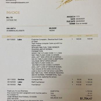Fix It Diesel - This invoice that shows ELECTRICAL FAULT code complaint and got charged for $ 1,755 - Commercial Truck Repair Near Me - Fontana, California Fix It Diesel - This invoice that shows ELECTRICAL FAULT code complaint and got charged for $ 1,755 - Commercial Truck Repair Near Me - Fontana, California