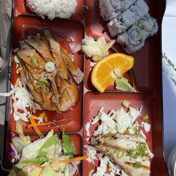 Sushi By The Bay - 3 item lunch bento box is a great deal - here with grilled mackerel, Cali roll, beef teriyaki - Sushi Bars Near Me - Monterey, California Sushi By The Bay - 3 item lunch bento box is a great deal - here with grilled mackerel, Cali roll, beef teriyaki - Sushi Bars Near Me - Monterey, California