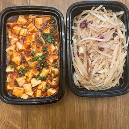 Mala tofu (left). Hot & sour shredded potato (right). Mala tofu (left). Hot & sour shredded potato (right).