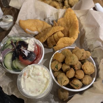 Emma's Southern Kitchen - Fish with okra and feta salad with tarter sauce (sauce was really good) - Tacos Near Me - Knoxville, Tennessee Emma's Southern Kitchen - Fish with okra and feta salad with tarter sauce (sauce was really good) - Tacos Near Me - Knoxville, Tennessee